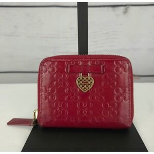 Rare Coach Red Patent Leather Embossed Heart Bow Zip Around Coin Purse Wallet